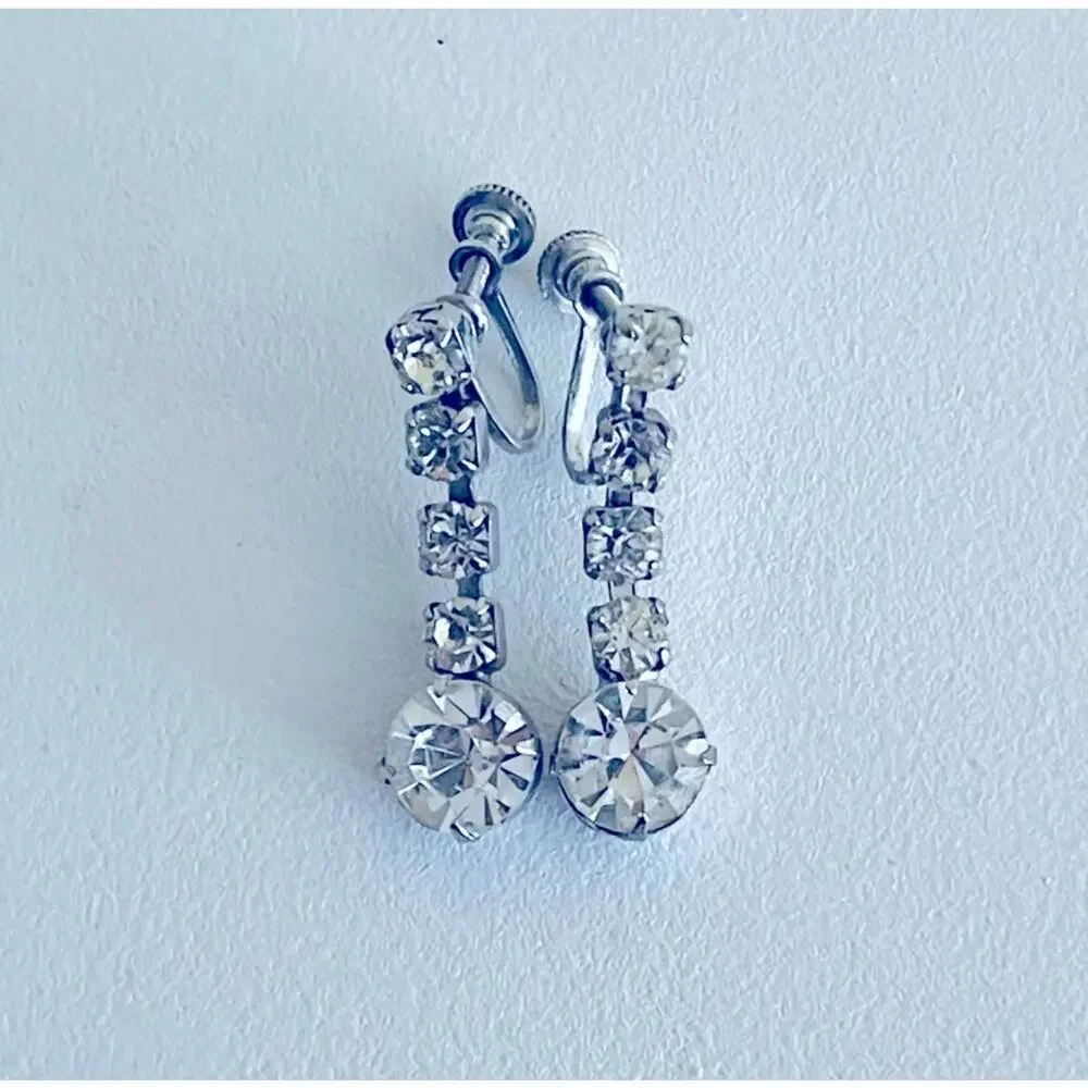 Vtg Clear Rhinestone Mid-Century EARRINGS Screw-back Formal Bridal MCM